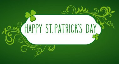 Koyu yeşil arka planda yonca yaprakları ve girdaplı bir çerçevede el çizimi Aziz Patrick günü selamları. İrlanda bayram festivali geleneksel vektör illüstrasyonu.