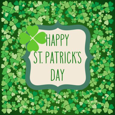 El çizimi koyu yeşil Aziz Patrick günü tebrik kartı dağınık yonca yapraklarının üzerine. İrlanda bayram festivali geleneksel vektör illüstrasyonu.