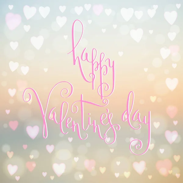 ハート型のライトの上にピンクの手が書かれた正方形の抽象的なぼかしベージュの背景バレンタインデーの挨拶 — ストックベクタ