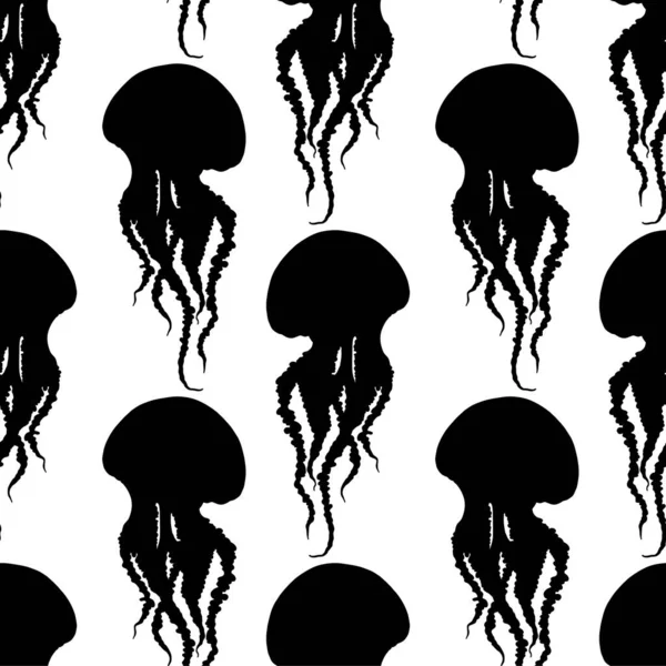 Ręcznie Rysowany Wektor Meduzy Bezszwowy Wzór Meduza Długimi Mackami Ilustracja — Wektor stockowy