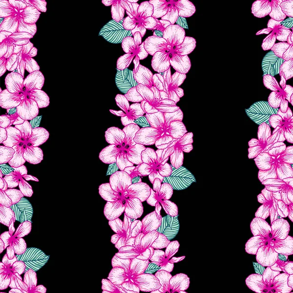 Schöne Nahtlose Dunkle Blumenmuster Mit Rosa Apfelblüten Über Schwarz Natur — Stockvektor