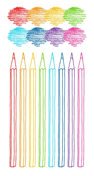 卷曲彩色铅笔与舱口笔划集手工绘制矢量涂鸦插图 白色背景上孤立的蜡笔画集合 — 图库矢量图片