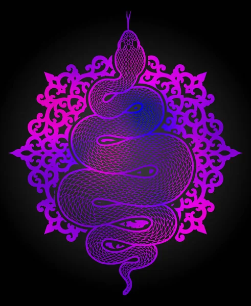 Serpiente Enrollada Sobre Mandala Floral Ilustración Detallada Serpiente Tribal Color — Archivo Imágenes Vectoriales