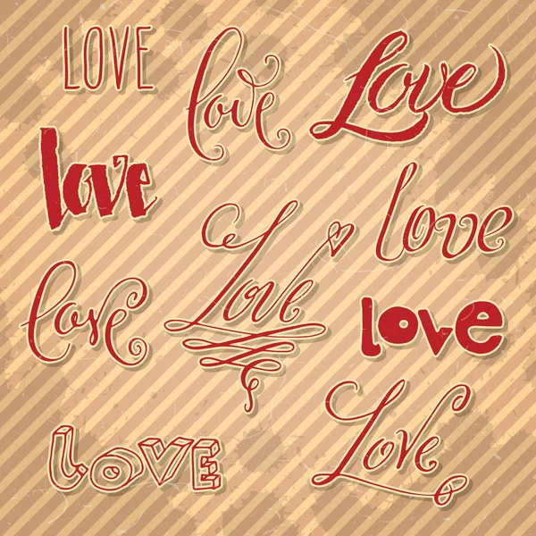 Handgezeichnete Worte Zum Valentinstag Red Love Schriftzug Verschiedenen Stilen Auf — Stockvektor
