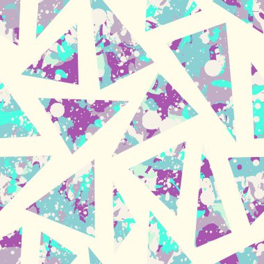 Tuhaf renk sıçraması kusursuz boya izi, soyut vektör arkaplanı. Tekstil, kumaş ve ambalaj kağıtları için renkli tasarım duvar kağıtları. Beyaz üçgenler üst üste.