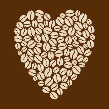 Kavrulmuş kahve çekirdekleri kalp oluşturuyor, kafein sembolüne bayılıyorlar. El çizimi grafik vektör çizimi kahverengi arkaplanda izole.