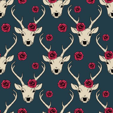 Geyik kafası ve güllerle kusursuz bir desen. Romantik bir geçmişi var. Doğa hayvanı koyu mavi zemin.