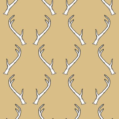 Geyik boynuzlarıyla açık kahverengi desenli. Vektör arkaplan çizimi. Doğa hayvanlarının arka planı.