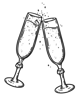 Bir çift şampanya kadehi. El çizimi vektör çizimi. Restoran alkollü içecek kutlama tasarımı. Beyaz arkaplan üzerinde izole edilmiş çizgi grafiği.