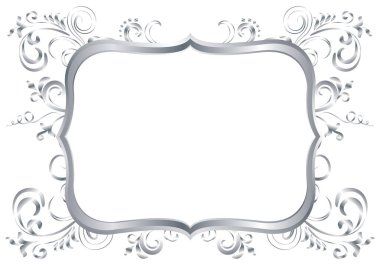 Beyaz üzerine izole edilmiş gümüş renkli parlak Victoria tarzı çerçeve. Metal lüks, zarif, boş bir sınır. Vektör arkaplan resimleme şablonu.