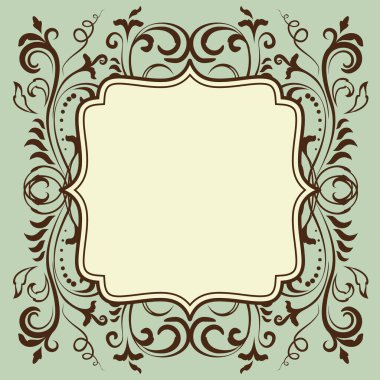 Kahverengi ve bej renkli zarif çiçekli boş vintage çerçeve. Pastel yeşili üzerine izole edilmiş. Viktorya dönemi barok sınır vektörü arkaplan illüstrasyonu.
