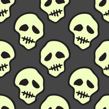 Vektör cadılar bayramı karalama kafatasları kusursuz desen. Parti posteri için tasarım arka planı. El çizimi karikatür çizimi. Koyu gri üzerine izole nesneler.