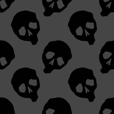 Vektör cadılar bayramı karalama kafatasları kusursuz desen. Parti posteri için tasarım arka planı. Koyu gri üzerine siyah çizilmiş el çizimi karikatür çizimi.