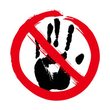 Konsepte dokunma. Kırmızı yasaklama durdurma çemberinde insan elinin izi. Beyaz üzerine izole edilmiş siyah avuç içi izi. Vektör grunge illüstrasyonu.