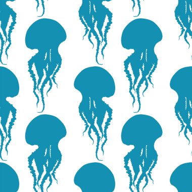 El çizimi denizanası vektörü kusursuz desen. Uzun dokunaçları olan Medusa 'nın arka plan çizimi mavi üzerine beyaz. Deniz doğası, sualtı yaşam hayvanı..