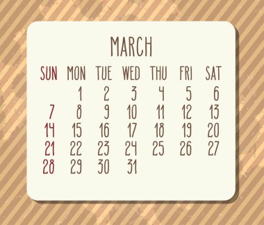 Mart 2021 vektör takvimi. Pazar gününden itibaren hafta başlıyor. Klasik kahverengi çizgiler sıkıntılı tasarım.