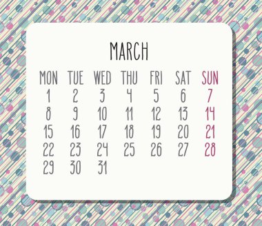 Mart 2021 vektör takvimi. Hafta pazartesiden itibaren başlıyor. Pastel renkli noktalar ve çizgiler ışık tasarımı.