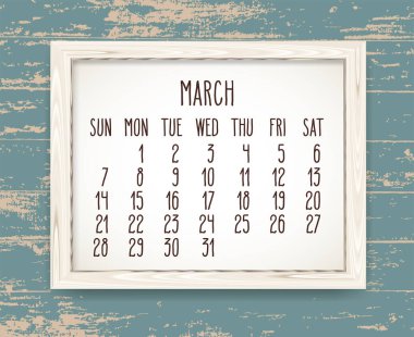 Mart 2021 vektör takvimi. Pazar gününden itibaren hafta başlıyor. Ahşap bir çerçeveye elle çizilmiş bir metin kırsal tedirgin deniz mavisi ahşap zemin üzerine..