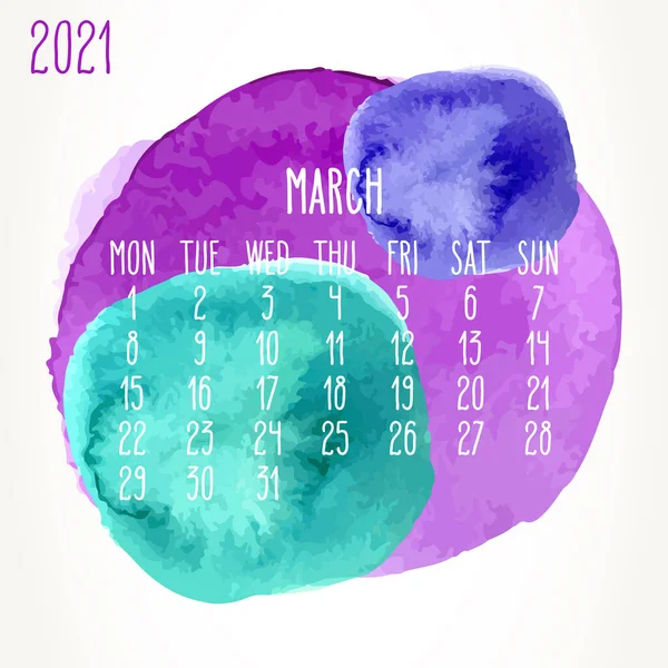 Marzo Año 2021 Vector Calendario Artístico Mensual Acuarela Dibujada Mano — Vector de stock