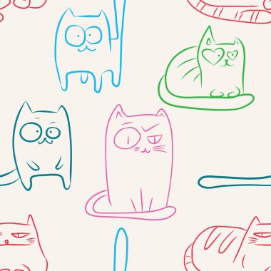 Elle çizilmiş komik kediler pürüzsüz desen. Sevimli hayvanlar hafif pastel vektör arka planı.