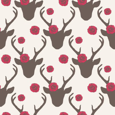 Geyik kafası ve güllerle kusursuz bir desen. Romantik arka plan. Doğa hayvanlarının vintage arka planı.