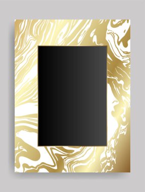Altın ve beyaz parlayan boş çerçeve. Altın rengi mermer, metal girdap, lüks dikdörtgen kenar. Vektör arkaplan resimleme şablonu.