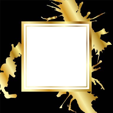 Siyah arka planda izole edilmiş, parlak, altın rengi boya sıçrama çerçevesi. Altın metal lüks, boş kare sınır. Vektör arkaplan resimleme şablonu.