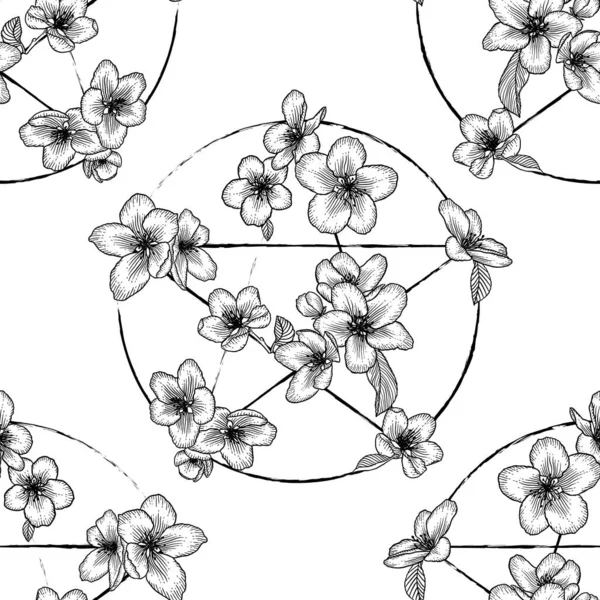 Pentagram Και Λουλούδια Μονόχρωμη Αδιάλειπτη Μοτίβο Μαγικό Απόκρυφο Φόντο Σύμβολο — Διανυσματικό Αρχείο
