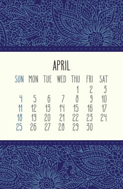 Nisan 2021 vektör takvimi mavi dantelli karalama el süslemesi çiçek arkaplanı üzerine. Hafta pazar gününden itibaren başlıyor