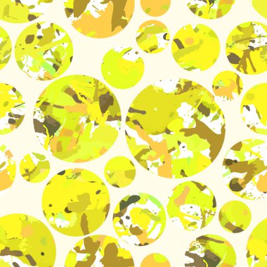 Sarı sıçrayan boya kusursuz desen, soyut vektör arkaplan. Tekstil, kumaş ve ambalaj kağıtları için renkli tasarım duvar kağıtları. Beyaz daireler örtüşür.