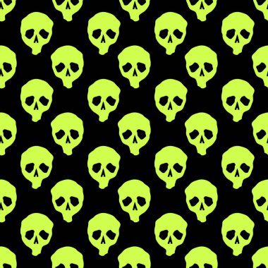 Vektör cadılar bayramı karalama kafatasları kusursuz desen. Parti posteri için tasarım arka planı. El çizimi karikatür çizimi. Asit yeşili üzerinde izole nesneler.