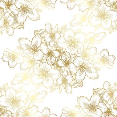 Beyaz üzerinde elma çiçekleri olan güzel, kusursuz çiçek desenleri. Doğanın botanik altın vektör arkaplan çizimi. Stok grafik tasarımı.