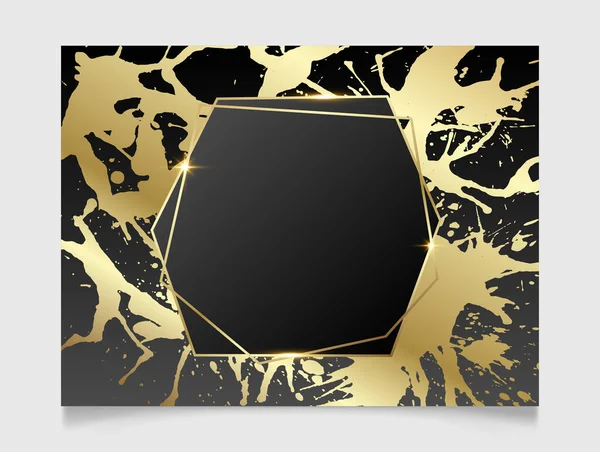 Golden Black Shiny Glowing Polygonal Frame Gold Paint Splatter Metal — Stock Vector