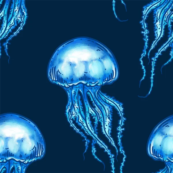 手描きクラゲベクトルシームレスパターン 長い触手の濃い青の背景イラストのメデューサ 海の自然水中生物 — ストックベクタ