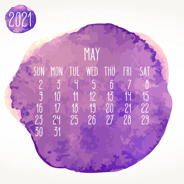 Květen 2021 Vektorový Měsíční Umělecký Kalendář Ručně Kreslené Akvarel Fialová — Stockový vektor