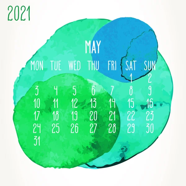 Mayo Año 2021 Vector Calendario Artístico Mensual Diseño Círculos Pintura — Vector de stock