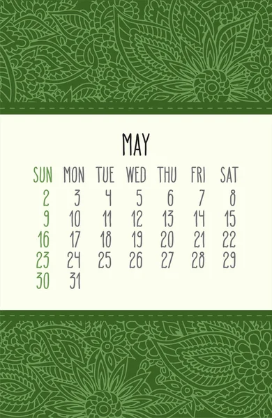 Mai Jahr 2021 Vektor Monatskalender Über Grünem Spitzen Doodle Kunstvoll — Stockvektor