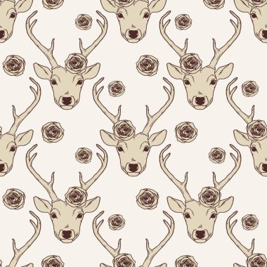 Geyik kafası ve güllerle kusursuz bir desen. Romantik arka plan. Doğa hayvani ışık mahsulü arka plan.