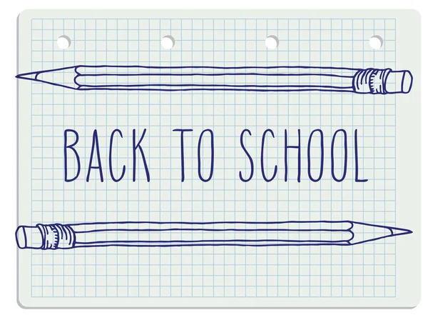 手書きのドアに戻るスクールブルーの単語と正方形のノートブックシート上の2つの鉛筆 — ストックベクタ
