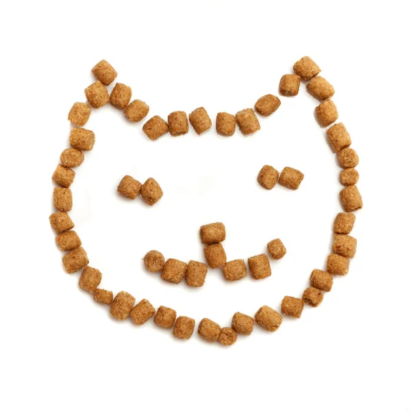 Professional Dry Cat Food Forming Smiling Cat Face Isolated White — Stock Photo, Image