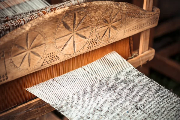 Closeup Old Hand Weaving Vintage Wooden Loom Being Used Make — Stock Photo, Image