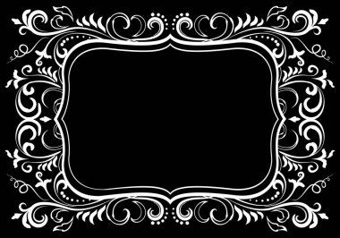 Siyah üzerine izole edilmiş beyaz çiçekli boş çerçeve. Viktorya dönemi barok sınır vektörü arkaplan illüstrasyonu.