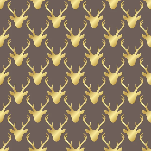 Seamless Pattern Golden Shiny Deer Heads Silhouettes Brown Nature Vector — Stock Vector