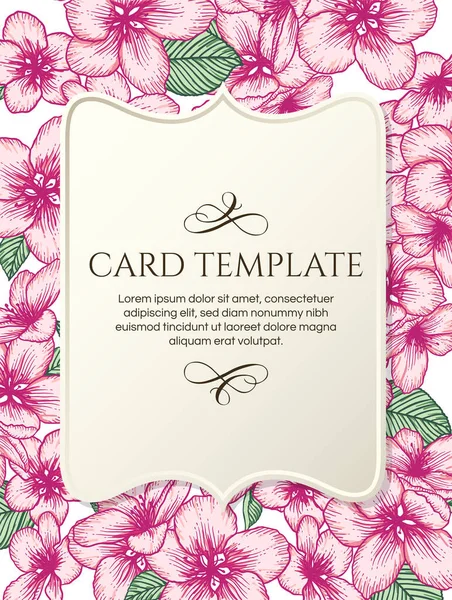 ベクトル植物の花の結婚式招待エレガントなカードテンプレート ピンクのリンゴの花とベージュのヴィンテージフレーム グリーティングカード 天然化粧品 女性の製品のためのロマンチックなデザイン — ストックベクタ