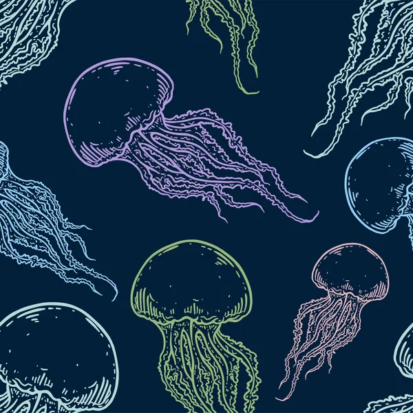 Tangan Digambar Jellyfish Vector Pola Mulus Medusa Multiwarna Dengan Tentakel - Stok Vektor