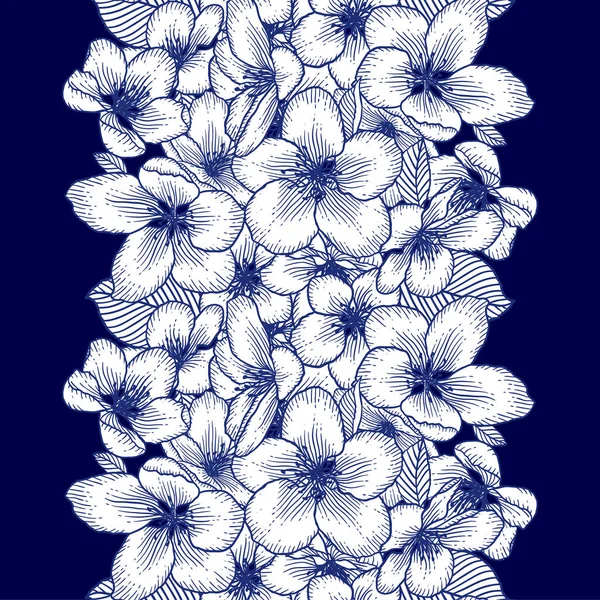 Schöne Nahtlose Dunkelblaue Und Weiße Blumenmuster Mit Apfelblüten Natur Botanische — Stockvektor