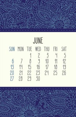 Haziran 2021 vektör takvimi mavi dantelli karalama el süslemesi çiçek arkaplanı üzerine. Hafta pazar gününden itibaren başlıyor