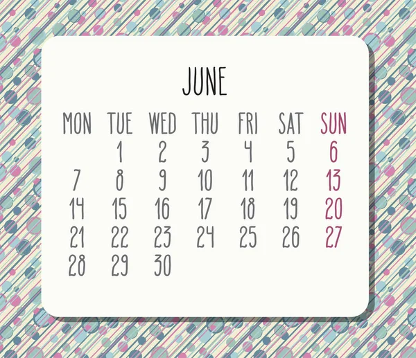 Junho Ano 2021 Vetor Calendário Mensal Semana Partir Segunda Pastel —  Vetores de Stock
