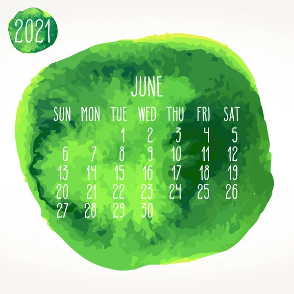 Червень 2021 Векторний Щомісячний Художній Календар Рука Намальована Акварельно Зеленими — стоковий вектор