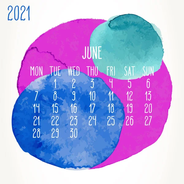 Červen 2021 Vektorový Měsíční Umělecký Kalendář Ručně Kreslené Barevné Akvarel — Stockový vektor